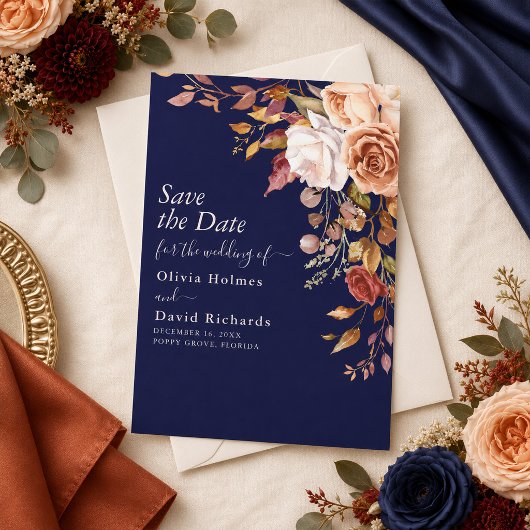 Save The Date Midnight Blue Brûlé Orange Fleur Sauvage