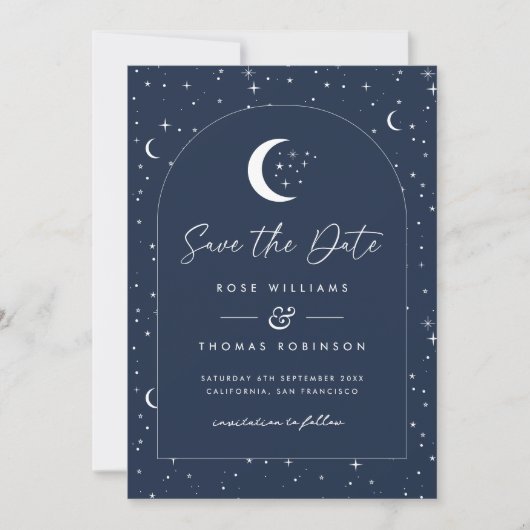 Save The Date Midnight Blue Celestial Arched Enregistrer La Date (Devant)