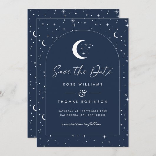 Save The Date Midnight Blue Celestial Arched Enregistrer La Date (Devant / Derrière)