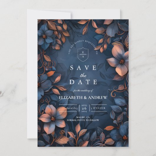 Save The Date Midnight Copper Floral Wedding (Devant)