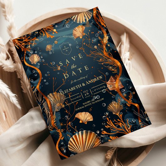 Save The Date Midnight Deep Sea Gold Nautical Wedding