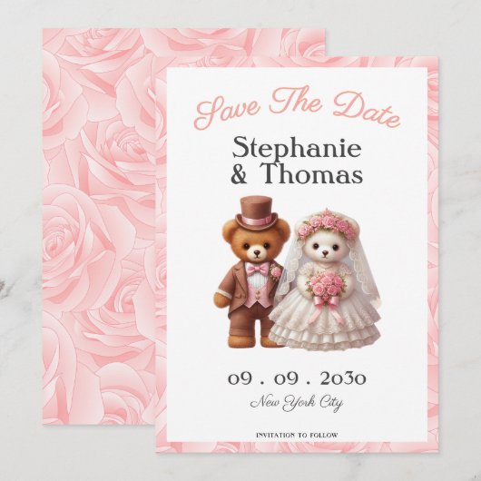Save The Date Mignon ours en peluche romantique marié et mariée (Devant / Derrière)