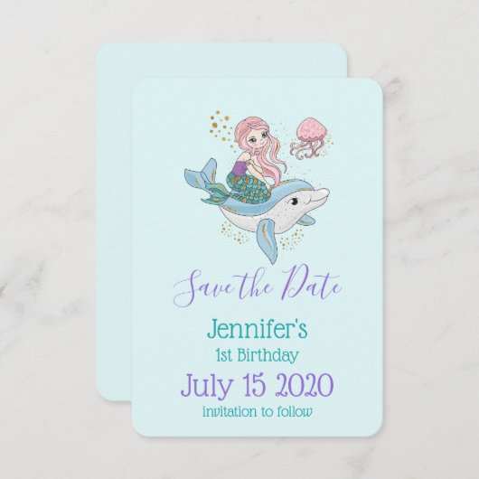 Save The Date Mignonne Sirène à cheval sur un dauphin Anniversai (Devant / Derrière)