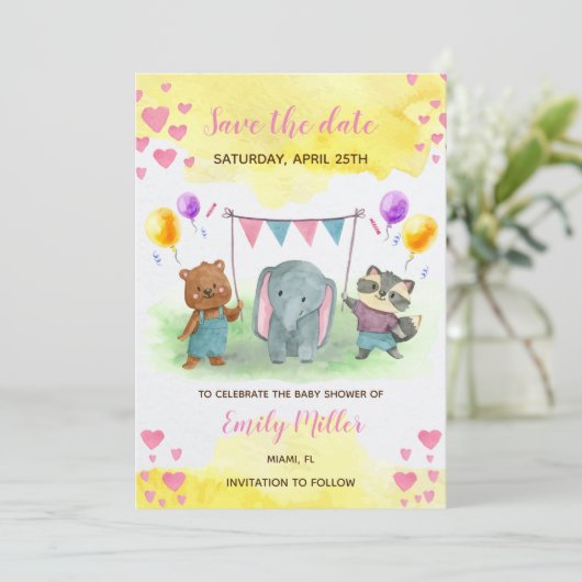 Save The Date Mignons animaux baby shower jaune rose enregistrer (Debout devant)