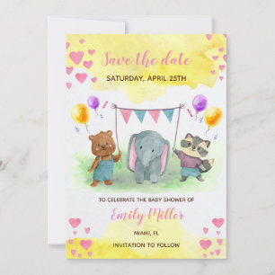 Save The Date Mignons animaux baby shower jaune rose enregistrer