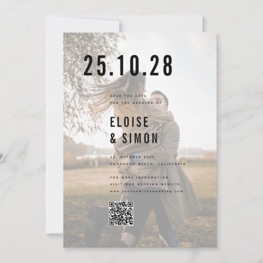 Save The Date Mini moderne Grand Gras Monogramme Photo QR Code (Devant)