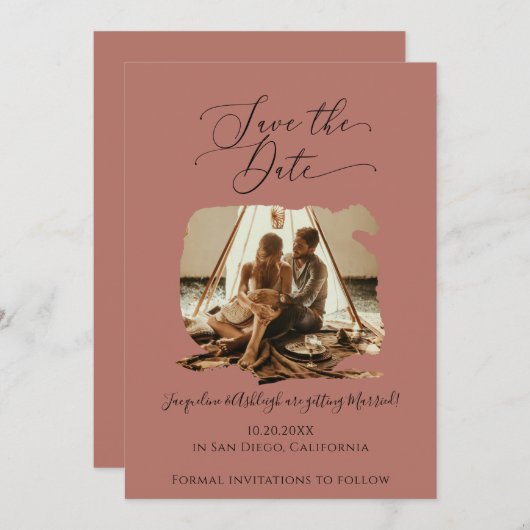Save The Date Mini-Script Brosse Stroke Terracotta Photo (Devant / Derrière)