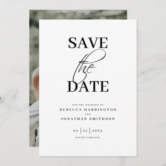 Save The Date Miniature Élégante Photo Mariage noir blanc (Devant / Derrière)