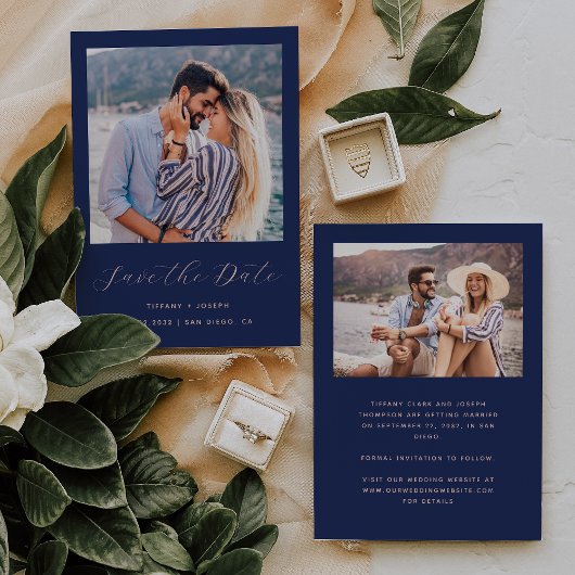 Save The Date Minimal Deux Photos Bleu Nuit Blush Script