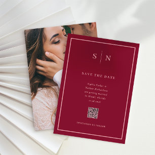 Save The Date Minimal et chic Burgundy Photo QR Code Mariage