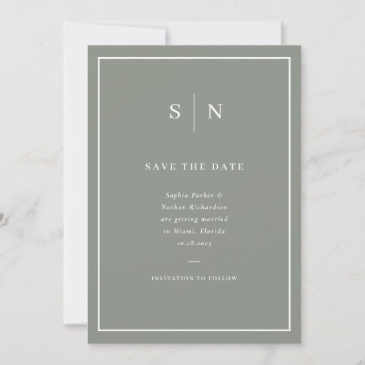 Save The Date Minimal et chic | Sage vert et blanc avec photo (Devant)
