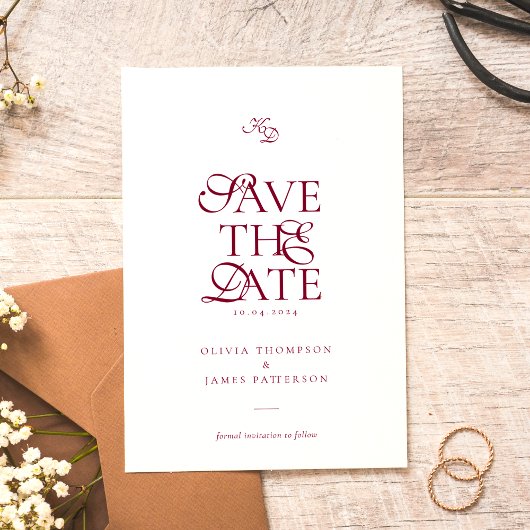 Save The Date Minimal Monogram Deep Burgundy Script Wedding