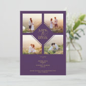 Save The Date Minimal Wedding Purple & Gold 4-Photos Collage (Debout devant)