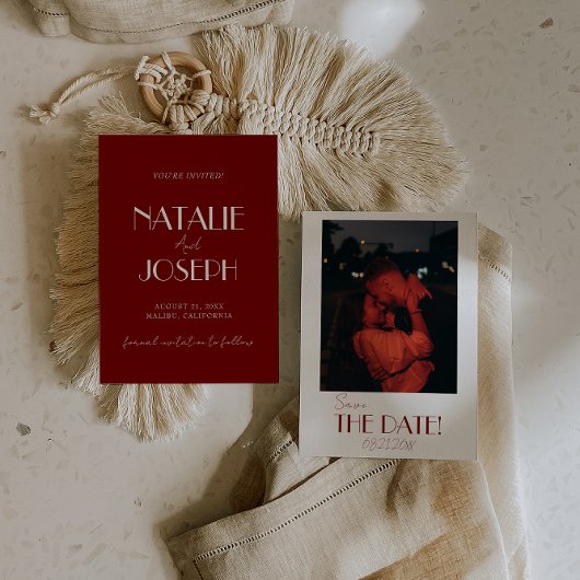 Save The Date Minimalist Burgundy Whimsical Retro Photo Wedding