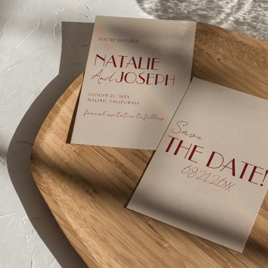 Save The Date Minimalist Deep Red Ivory Whimsical Retro Wedding