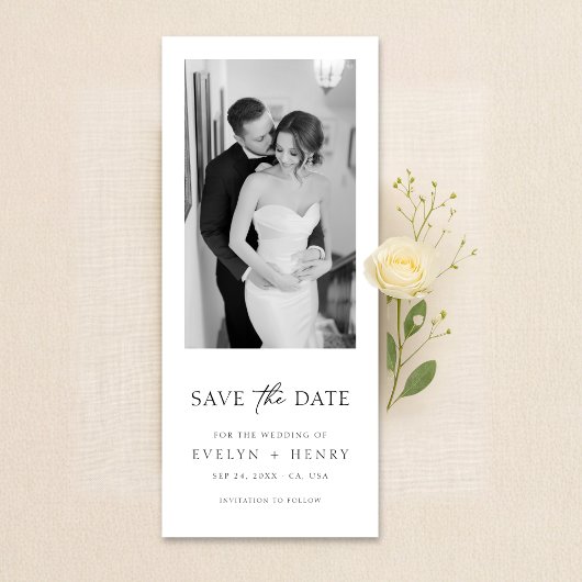 Save The Date Minimalist Elegant Script Black and White Photo