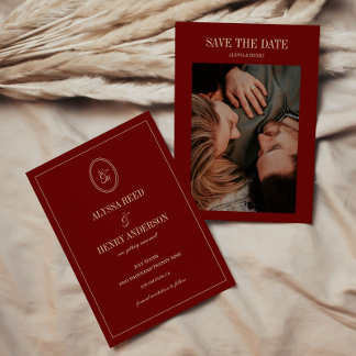 Save The Date Minimalist Monogram Wine Red Wedding Photo