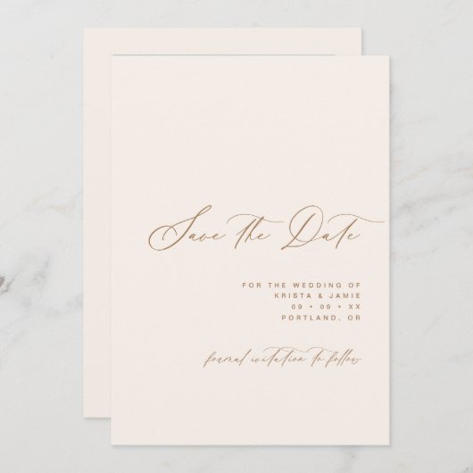 Save The Date Minimalist Script Ivory & Tan Photo Wedding (Devant / Derrière)