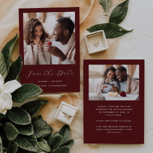 Save The Date Minimaliste Deux-Photos Bourgogne Rouge Script