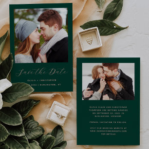 Save The Date Minimaliste Émeraude Vert Blush Script Deux Photos