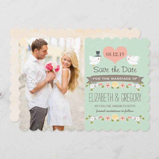 Save The Date Mint Green Inséparables mariage Enregistrer la car (Devant / Derrière)