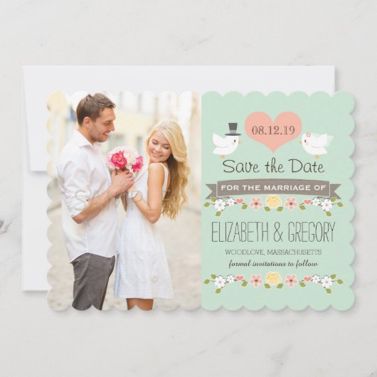 Save The Date Mint Green Inséparables mariage Enregistrer la car (Devant)