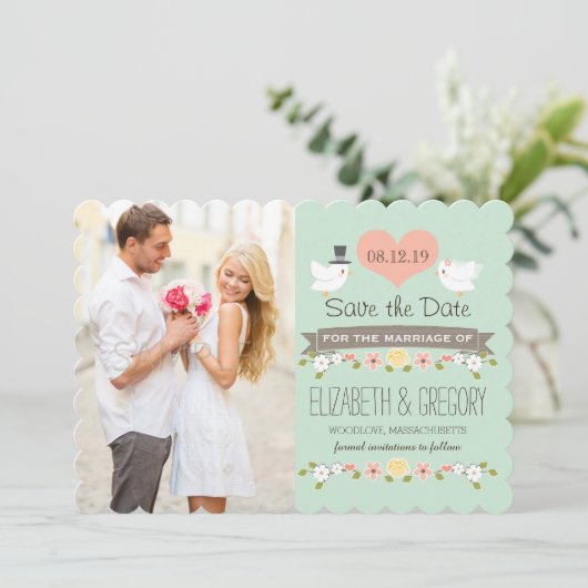 Save The Date Mint Green Inséparables mariage Enregistrer la car (Debout devant)
