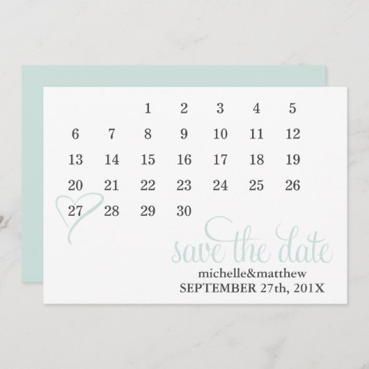 Save The Date Mint Heart Calendar Wedding Enregistrer la date (Devant / Derrière)