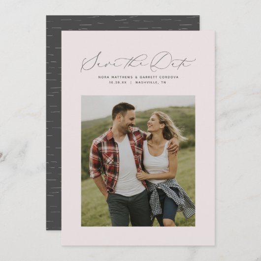 Save The Date Minuscule script rose pâle photo verticale (Devant / Derrière)