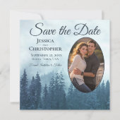 Save The Date Misty Blue Mountains Rustic Oval Photo Mariage (Devant)