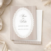 Save The Date Mocha Brown French Stripe Lace Wedding