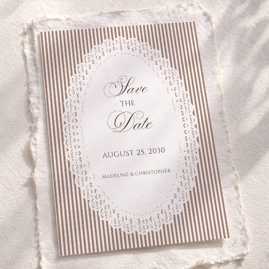 Save The Date Mocha Brown French Stripe Lace Wedding