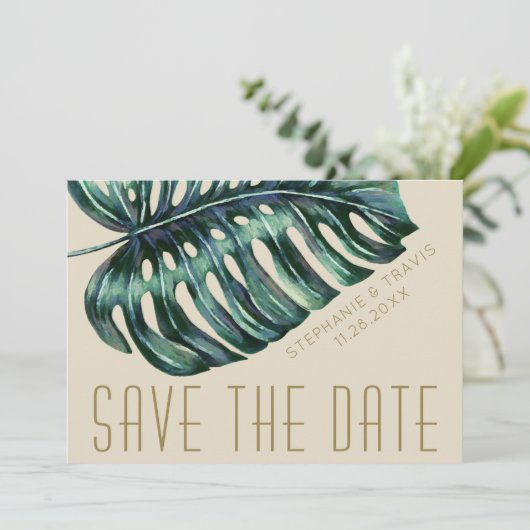 Save The Date Mod Monstera Feuille verte et Mariage bronzée (Debout devant)