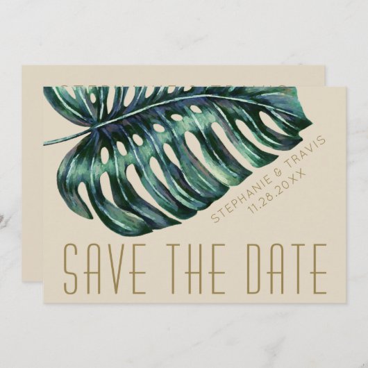 Save The Date Mod Monstera Feuille verte et Mariage bronzée (Devant / Derrière)