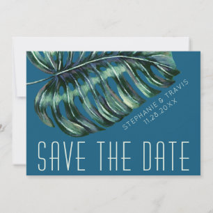 Save The Date Mod Monstera Feuille verte et Moody Mariage bleu