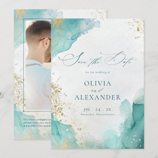 Save The Date Modern Beach Wedding Teal Gold Abstract Photo (Devant / Derrière)