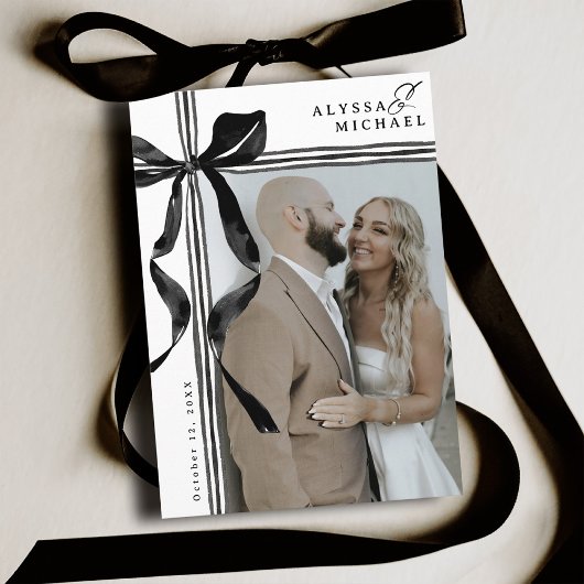 Save The Date Modern Black and White Bow Elegant Photo Wedding