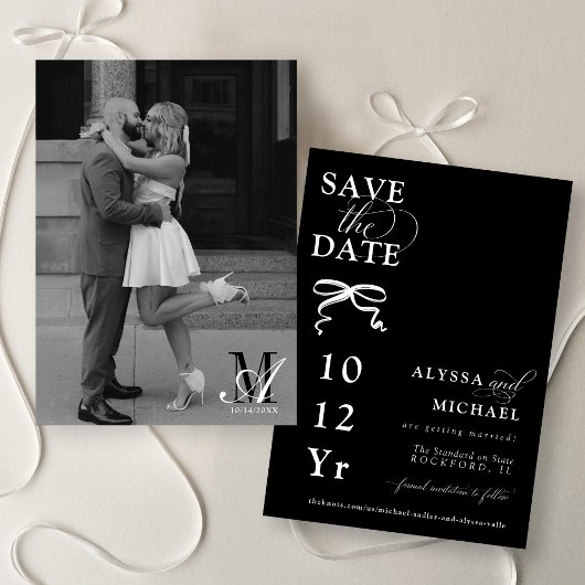 Save The Date Modern Black and White Bow Photo Monogram Wedding