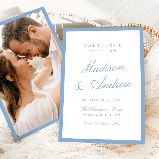 Save The Date Modern Blue Border Photo Wedding