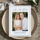 Save The Date Modern Blue Border Script Photo Wedding