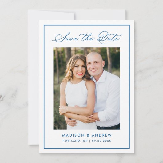 Save The Date Modern Blue Border Script Photo Wedding (Devant)