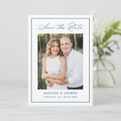 Save The Date Modern Blue Border Script Photo Wedding (Debout devant)