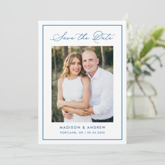 Save The Date Modern Blue Border Script Photo Wedding (Debout devant)