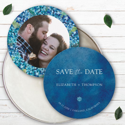 Save The Date Modern Blue Hydrangea Round Wedding