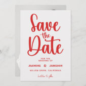 Save The Date Modern Bold Casual Red Script Photo Wedding Retro (Devant / Derrière)