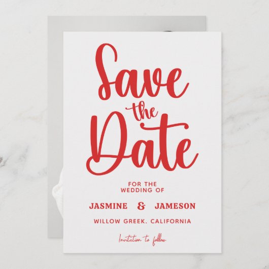 Save The Date Modern Bold Casual Red Script Photo Wedding Retro (Devant / Derrière)