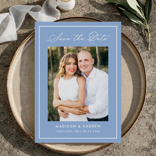 Save The Date Modern Border Script Blue Photo Wedding