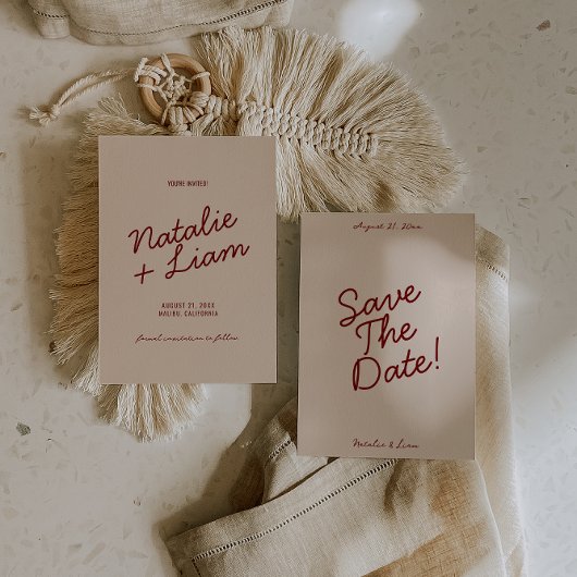 Save The Date Modern Burgundy Cream Whimsical Unique Wedding 