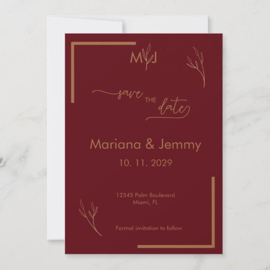 Save The Date Modern Burgundy Golden Leaflet Monogram Scripted (Devant)