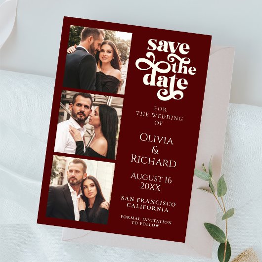 Save The Date Modern Burgundy Photo Collage Wedding
